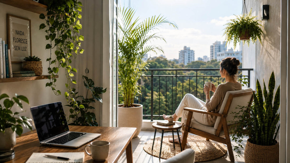 Espaço aconchegante com plantas, mesa de trabalho, notebook e varanda com poltrona para descanso em casa.