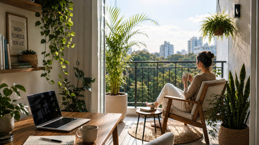 Espaço aconchegante com plantas, mesa de trabalho, notebook e varanda com poltrona para descanso em casa.