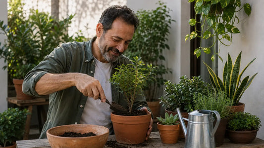 Homem cuidando de plantas em vasos em um jardim caseiro, com folhagens ao redor e clima natural para presente de Dia dos Pais.