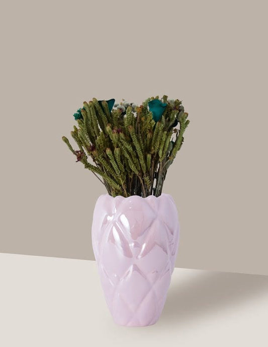 Arranjo flores secas azuis com Vaso de Cerâmica